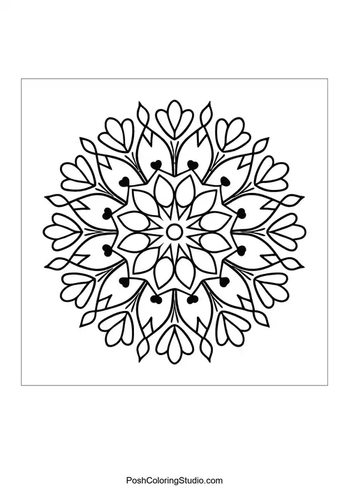A mandala with a star-like center and heart patterns.