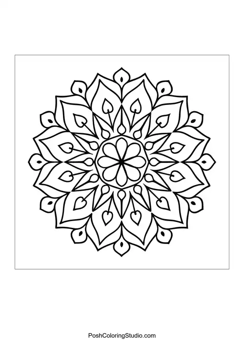A circular mandala with intricate heart and petal designs.