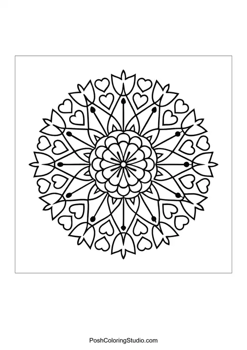 A mandala with swirling lines and heart shapes radiating outward.