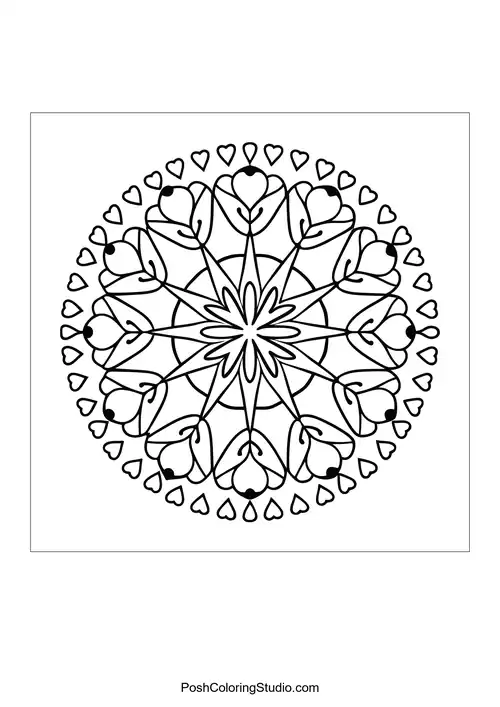 A circular mandala with floral designs and heart motifs.