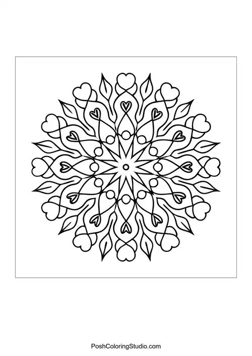 A circular mandala with layered hearts and floral patterns.