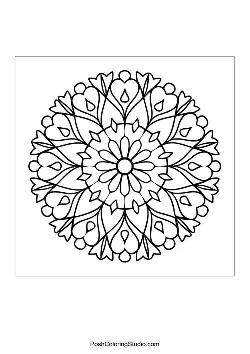 A mandala with intricate heart shapes and petal designs.