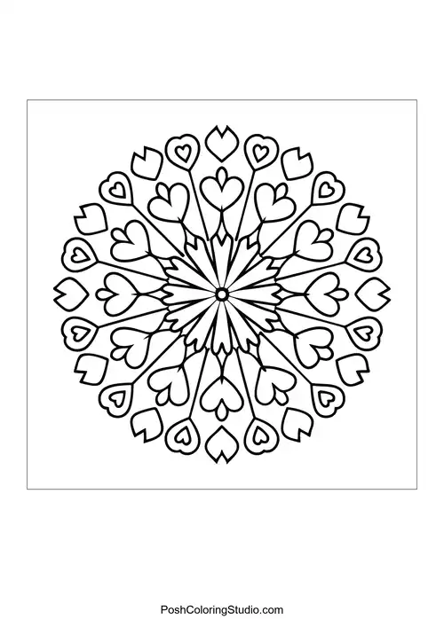 A circular mandala with heart shapes and swirling lines.