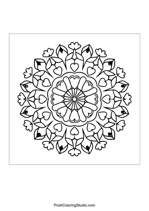 A circular mandala with floral patterns and symmetrical design.