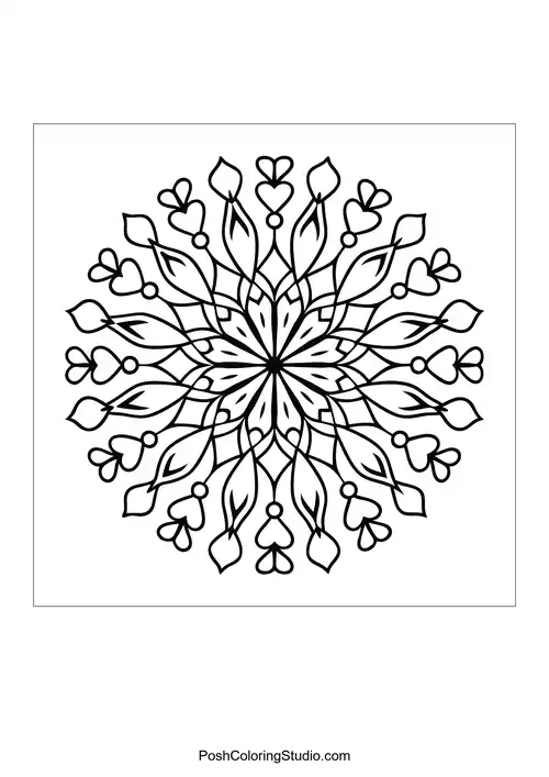 A mandala with a central floral design and heart patterns.