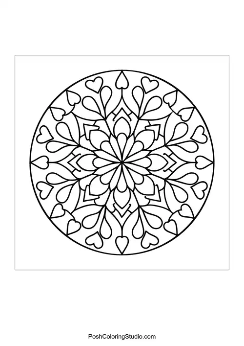 A circular mandala featuring heart shapes and pointed leaves.
