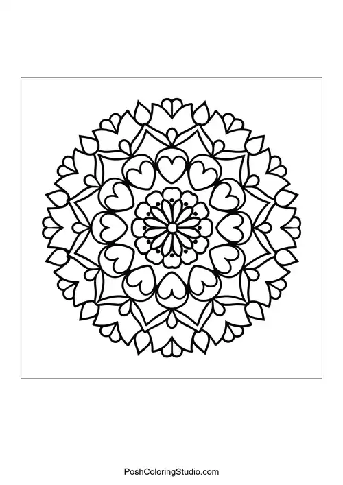 A mandala with intricate heart shapes and floral designs.