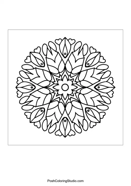 A circular mandala with heart shapes and flowing lines.