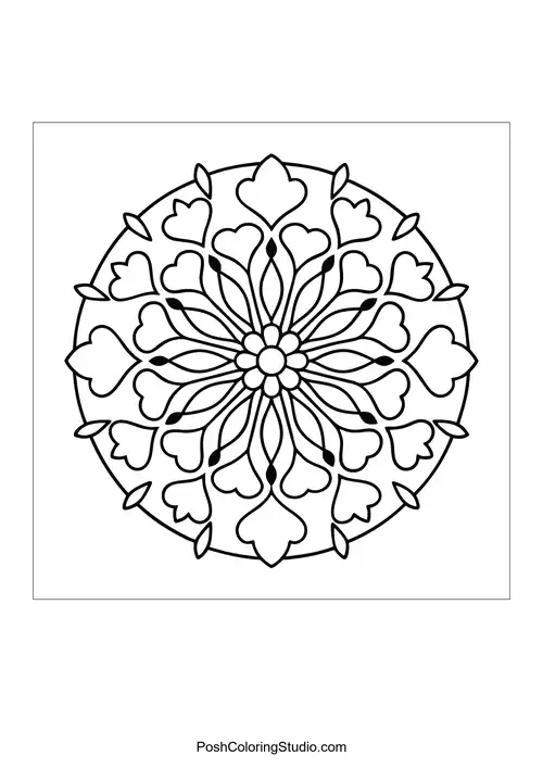 A mandala featuring hearts and floral elements in a circular layout.