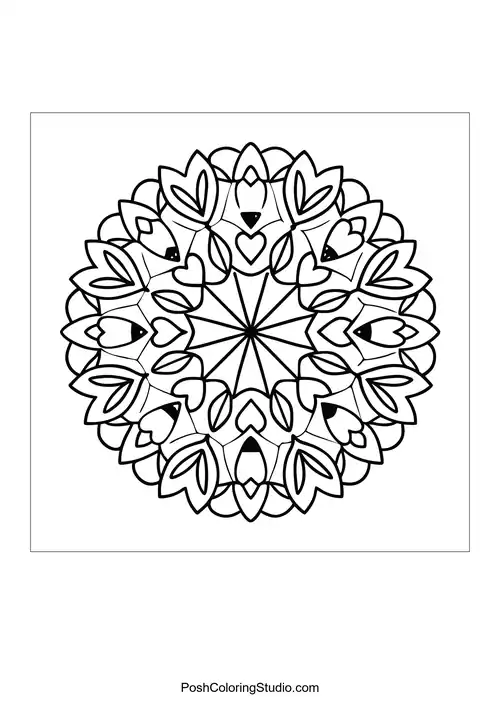 A circular mandala with layered hearts and petal designs.