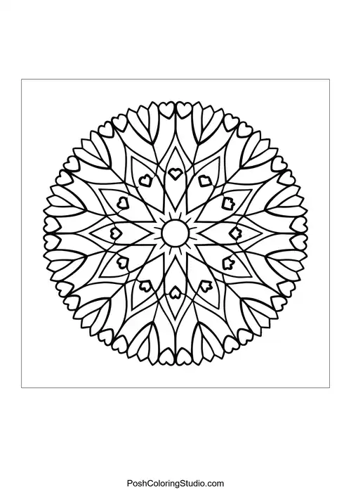 A mandala with intricate heart shapes and swirling lines.