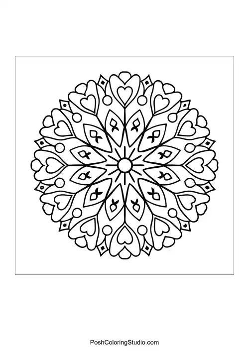 A circular mandala featuring heart shapes and floral patterns.