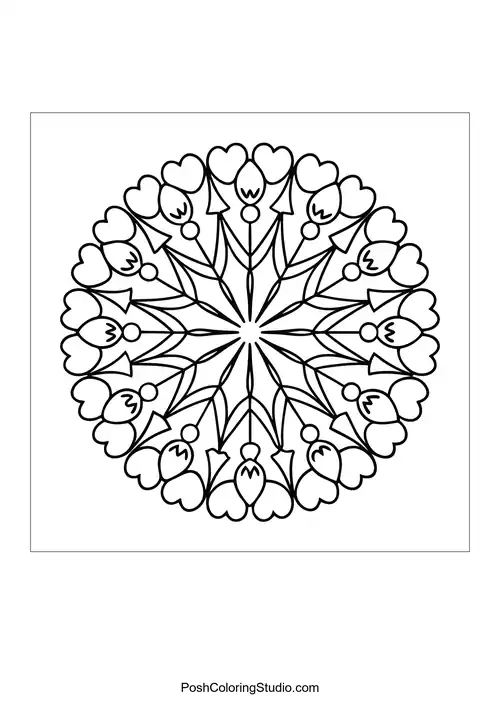 A mandala with a central floral design and heart shapes.