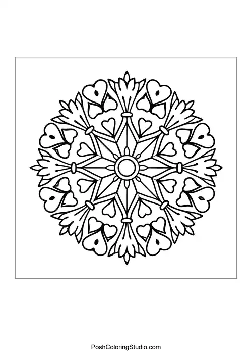 A circular mandala with heart shapes and flowing lines.