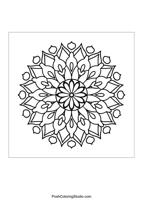 A circular mandala with teardrop shapes and floral accents.