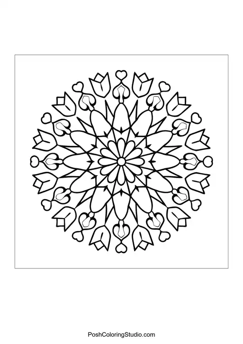 A circular mandala with heart shapes and star patterns.