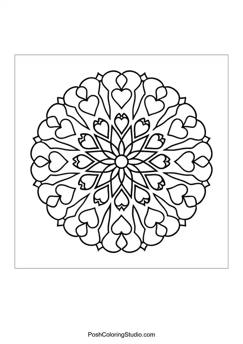 A circular mandala with floral designs and symmetrical layout.