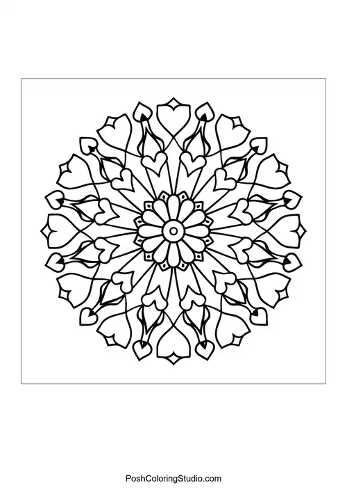 A circular mandala with intricate patterns and shapes.