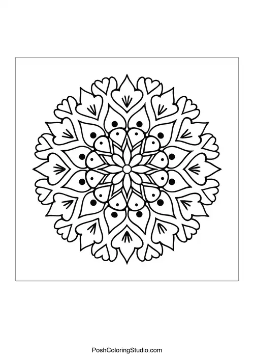 A circular mandala with heart shapes and floral designs.