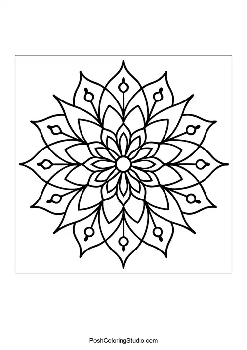 Flower mandala with intricate petal designs and central circle.