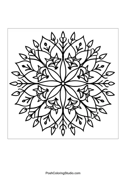 Flower mandala with a central star and surrounding petals.