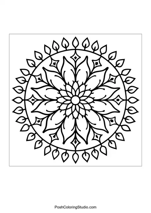 Flower mandala with circular patterns and leaf accents.