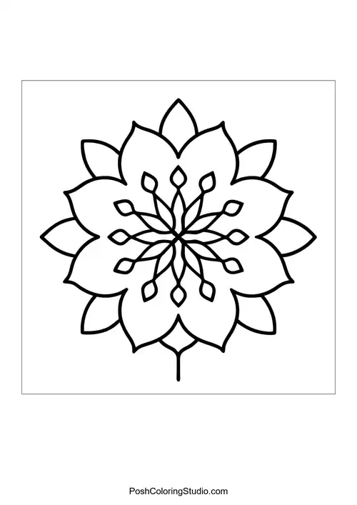 Flower mandala with a central flower and surrounding leaves.