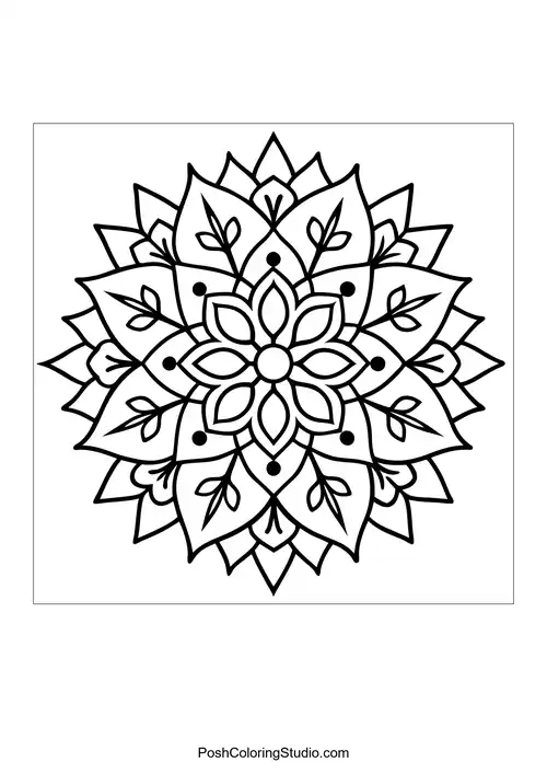 Flower mandala with a star-like center and petal patterns.