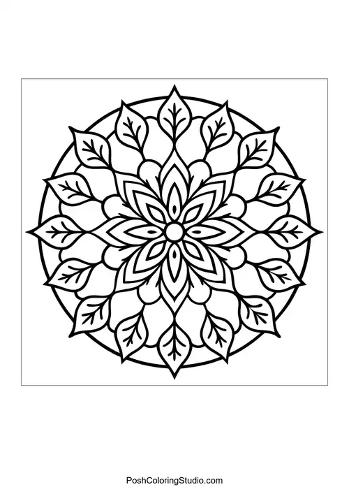 Flower mandala with layered petals and leaf motifs.