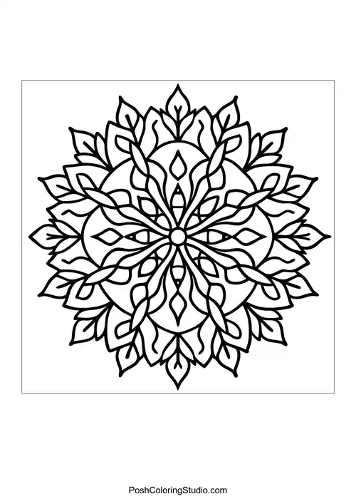 Flower mandala with intricate designs and leaf accents.