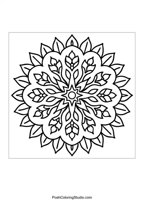 Flower mandala with layered petals and vine-like designs.