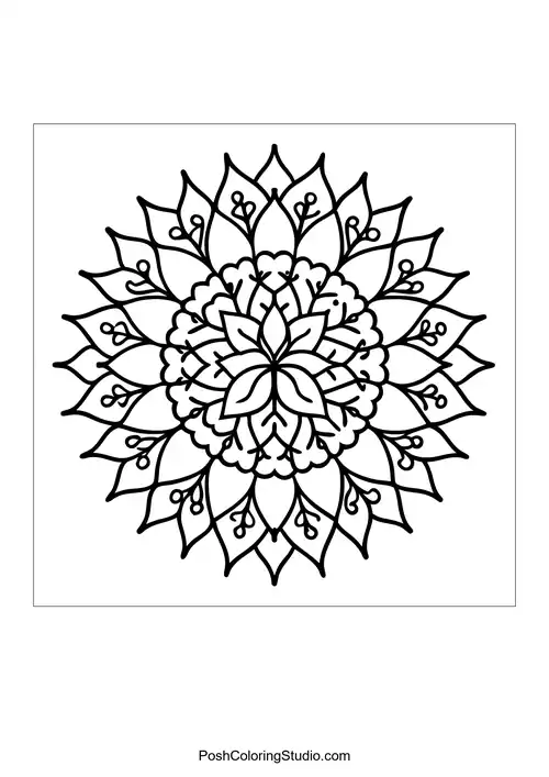 Flower mandala with intricate designs and layered petals.