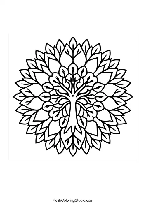 Flower mandala with intricate petal shapes and leaf accents.