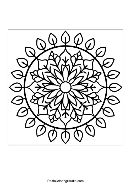 Flower mandala with pointed petals and vine-like details.