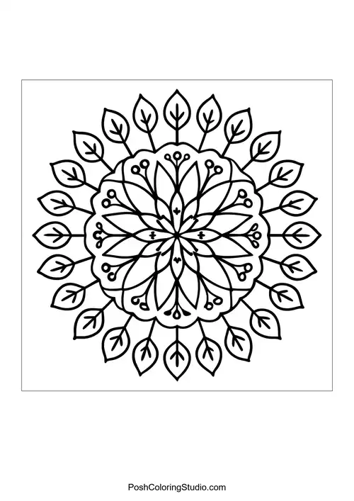 A floral mandala surrounded by small berries and leaves.