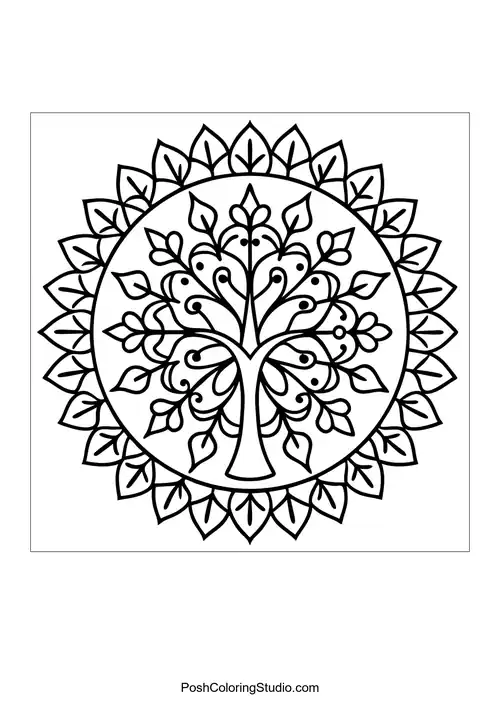 A tree mandala with a central trunk and radiating leaf patterns.