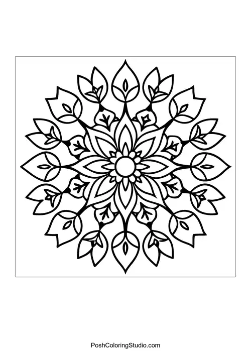 A symmetrical design with a central flower and surrounding leaves.