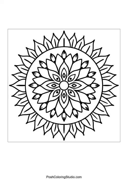 A mandala with layered petals and a sunburst pattern.