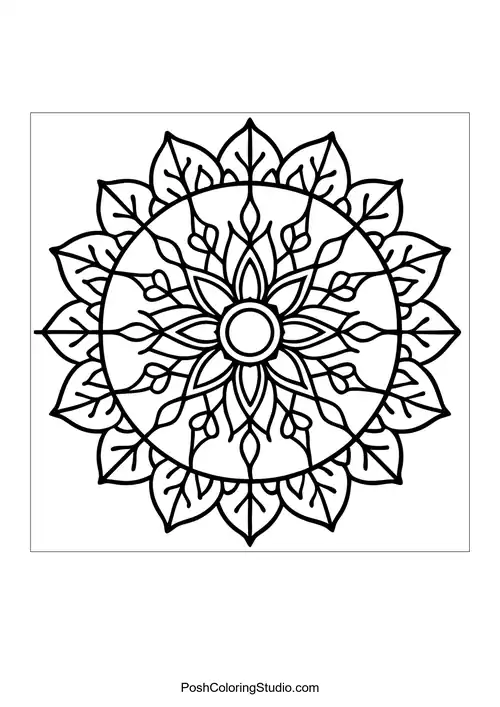 A circular mandala with intertwining vines and a central flower.