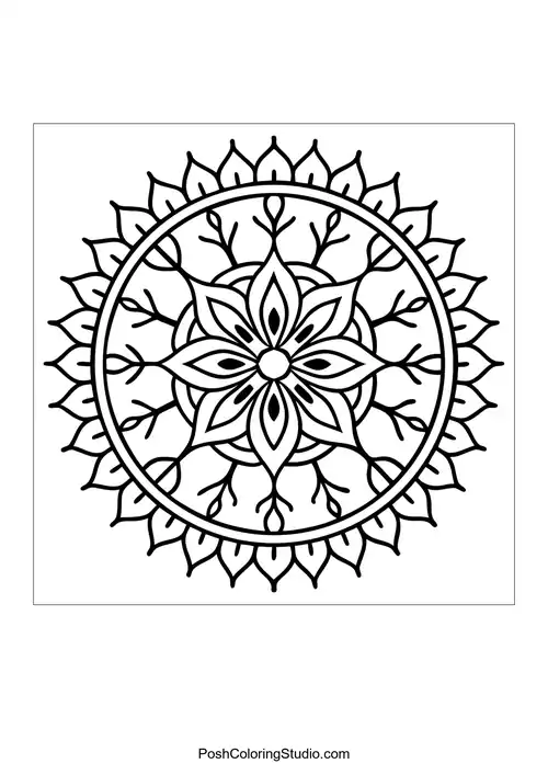 A flower mandala with a circular arrangement of leaves and petals.