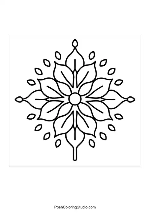 Flower mandala with a star-shaped center and leaf accents.
