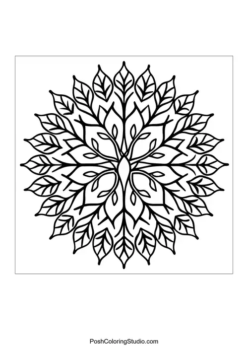 A flower mandala with a central design and radiating leaf patterns.