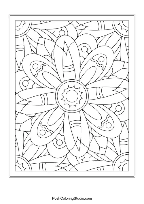 A floral pattern with elongated petals and decorative elements.