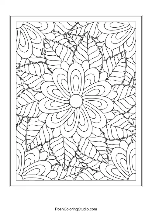 A symmetrical flower design with pointed petals and leaf details.