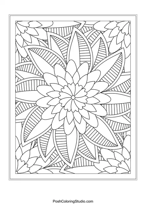 A floral arrangement with layered petals and leaf motifs.