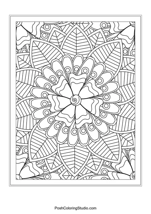 A bold flower design with rounded petals and leaf accents.