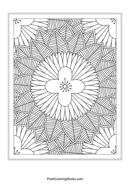 A symmetrical flower design with pointed petals and leaf details.