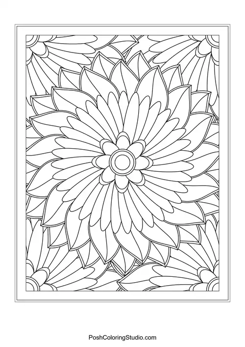 A floral design with rounded petals and intricate leaf patterns.
