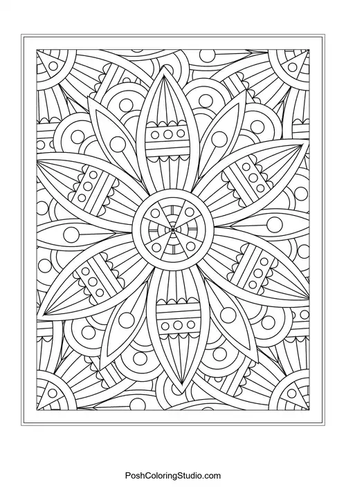 A circular floral design with layered petals and leaf motifs.