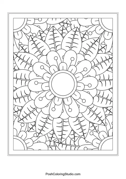 Symmetrical geometric mandala with circular patterns.
